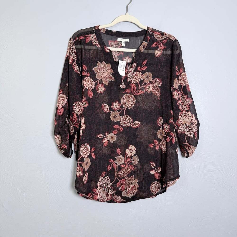 Maurices sheer Floral Print Blouse Large Black Rose Shimmer